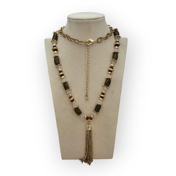 Amber Brown Gold Beaded Tassel Necklace – Vintage Boho Glam 1970s Style Jewelry - Picture 5 of 7